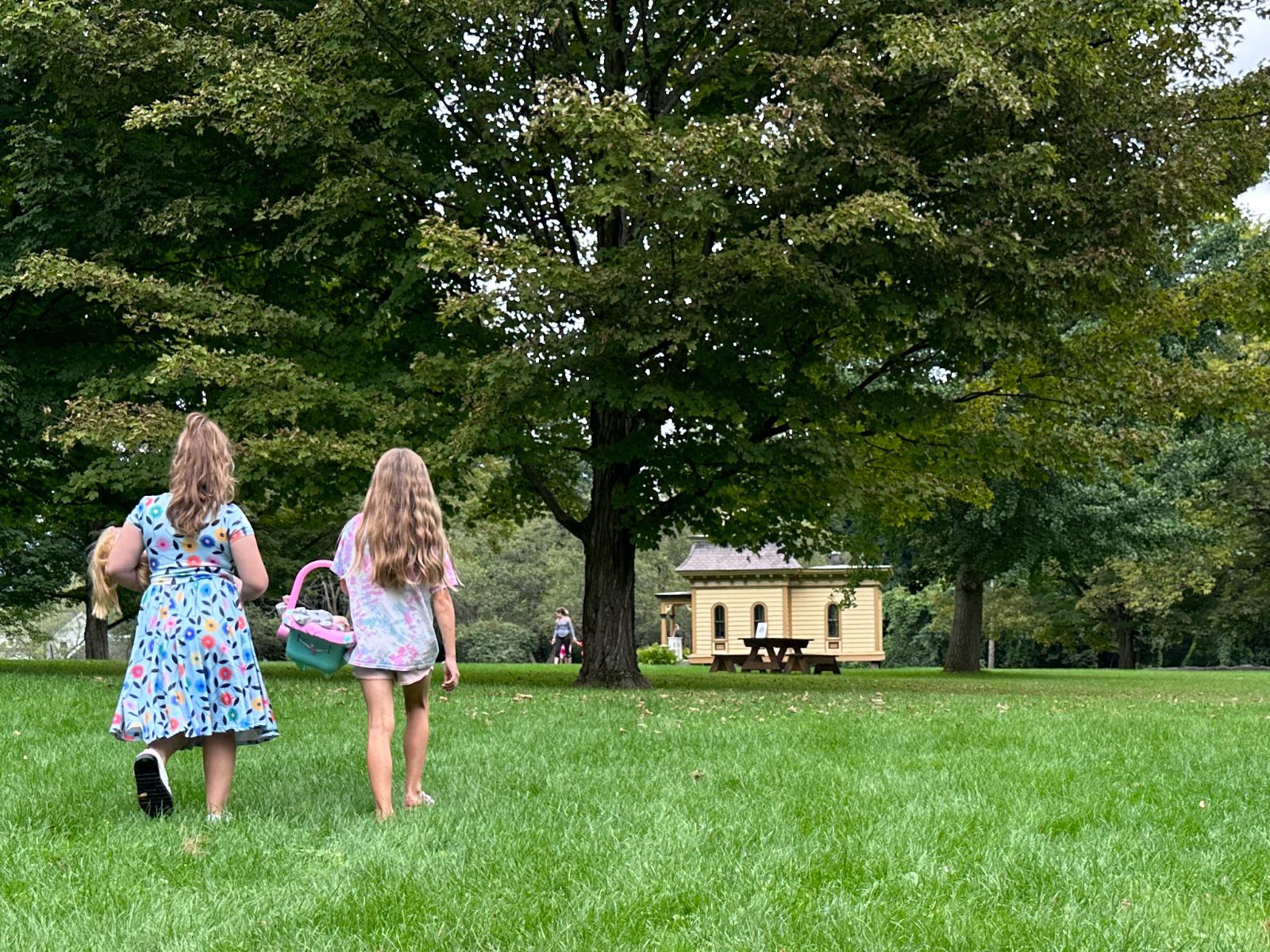 young people walking across lawn toward playhouse in summer
